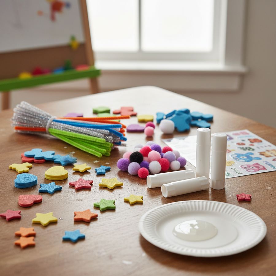 Dollar store craft supplies arranged on a table