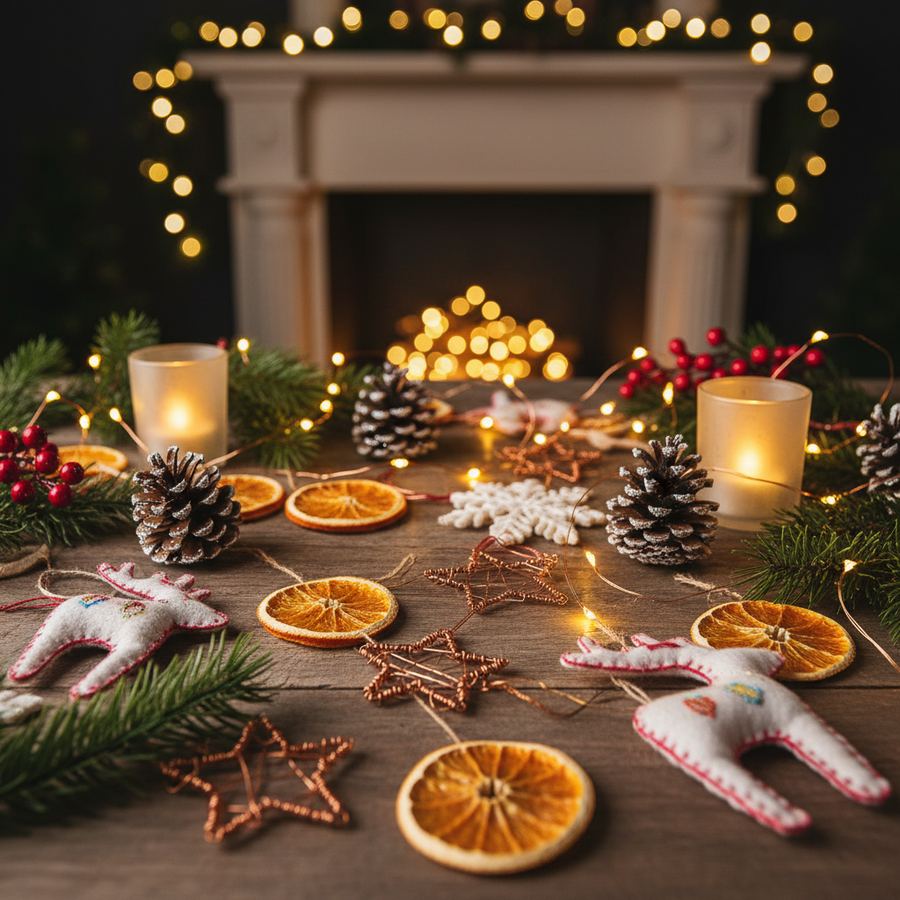 Handmade holiday ornaments on a table