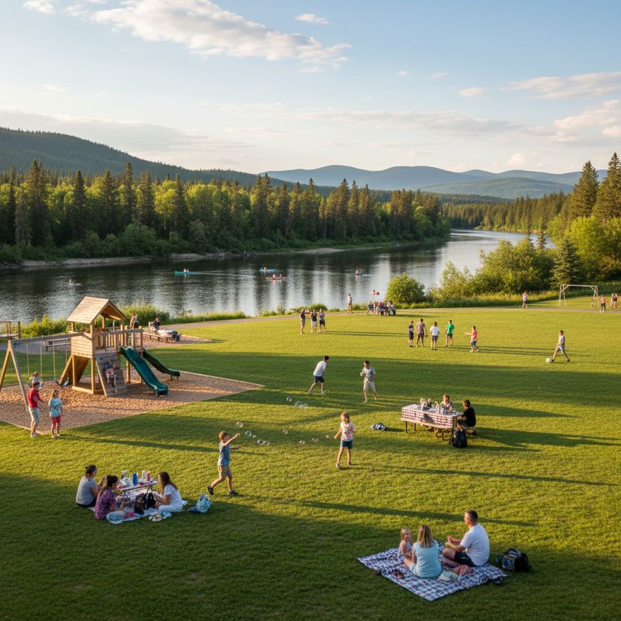 Children playing on playground equipment at a Petawawa park on a weekend afternoon