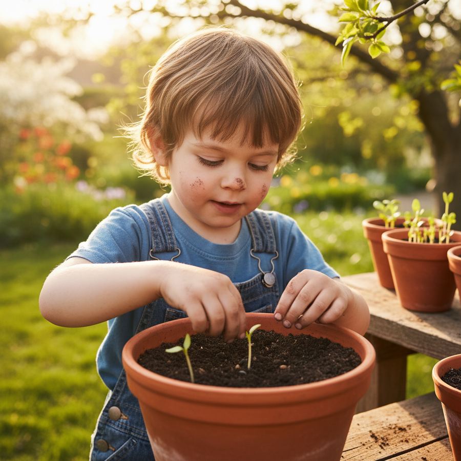 Kids planting seeds in small pots