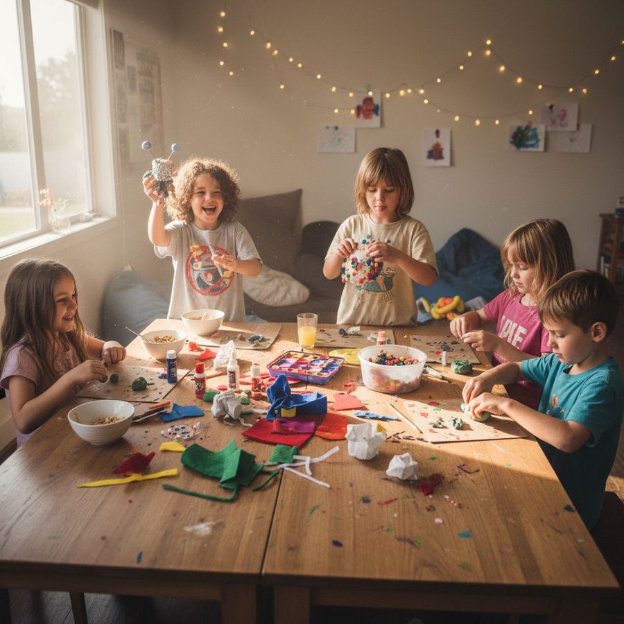 Kids playing outside on a weekend morning with various outdoor toys