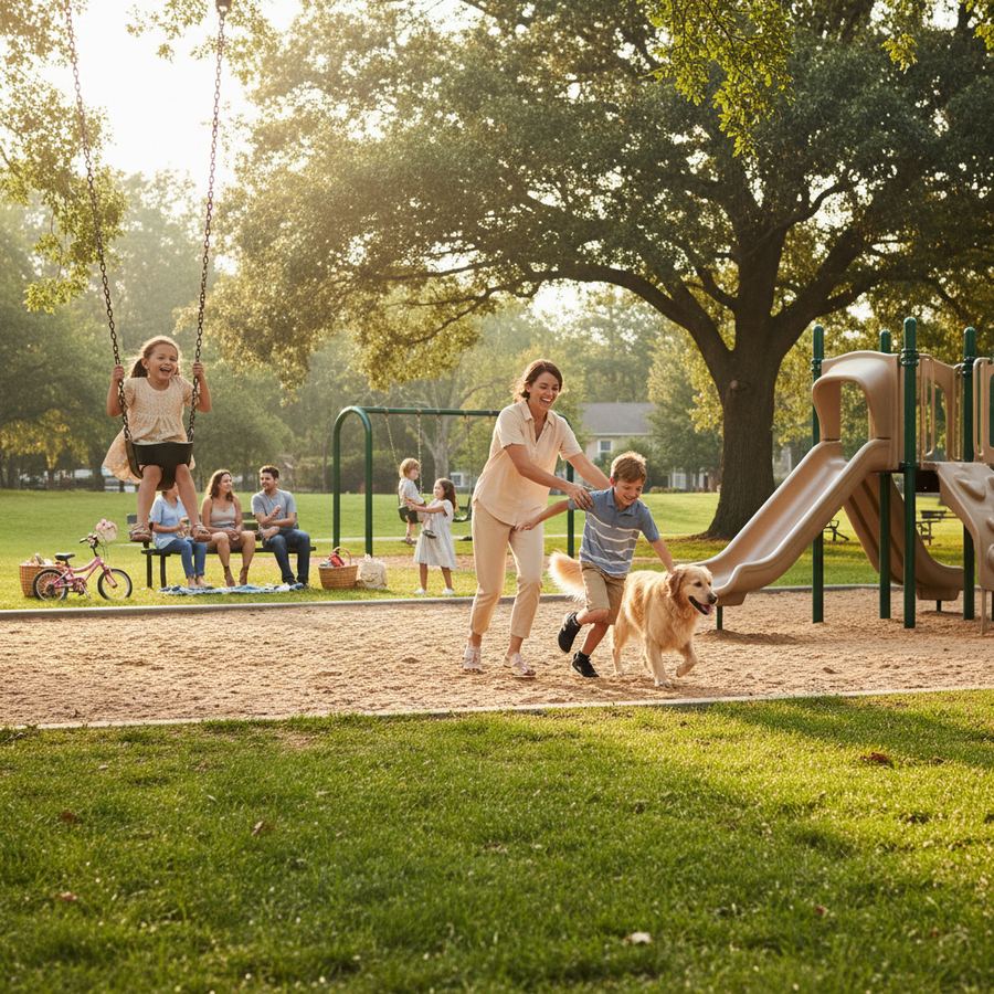 Kids playing at a local playground on a sunny weekend